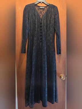 All That Jazz Vintage Sheer Black Lace Long Sleeve Maxi Dress SzM